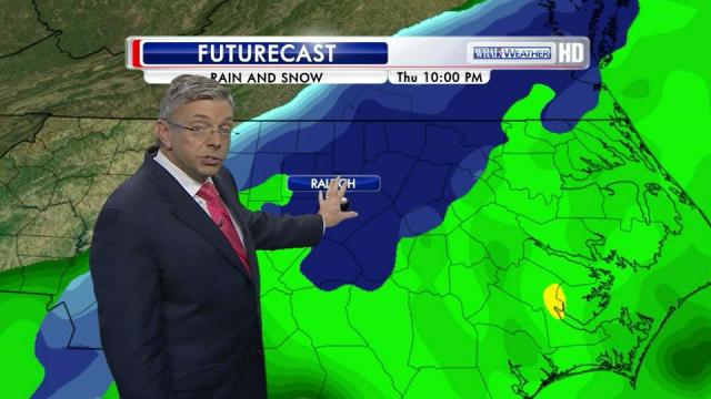 From WRAL: By 10 p.m. Thursday, WRAL Chief Meteorologist Greg Fishel said, "most of us will have turned over to snow here in the Triangle area. If you haven't to the south and east, you will as we head toward midnight and the wee hours of the morning."
