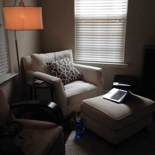 Comfy corner chair where I work in the wee hours of the morning sometimes.
