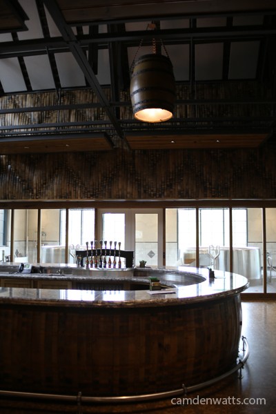Take a close look at the details of the tasting room design. The lights are made from barrels.
